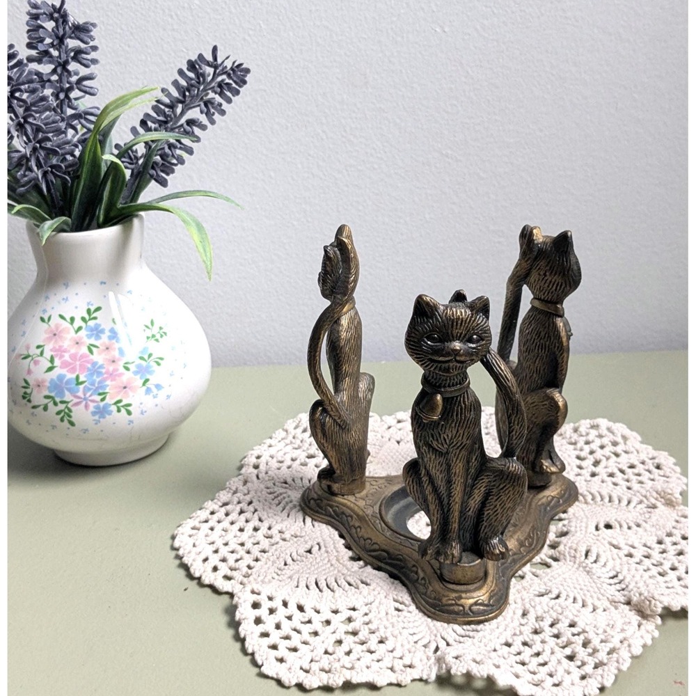 Vintage Three Cat Candle Holder Bronze Look Cat Decor Made in China